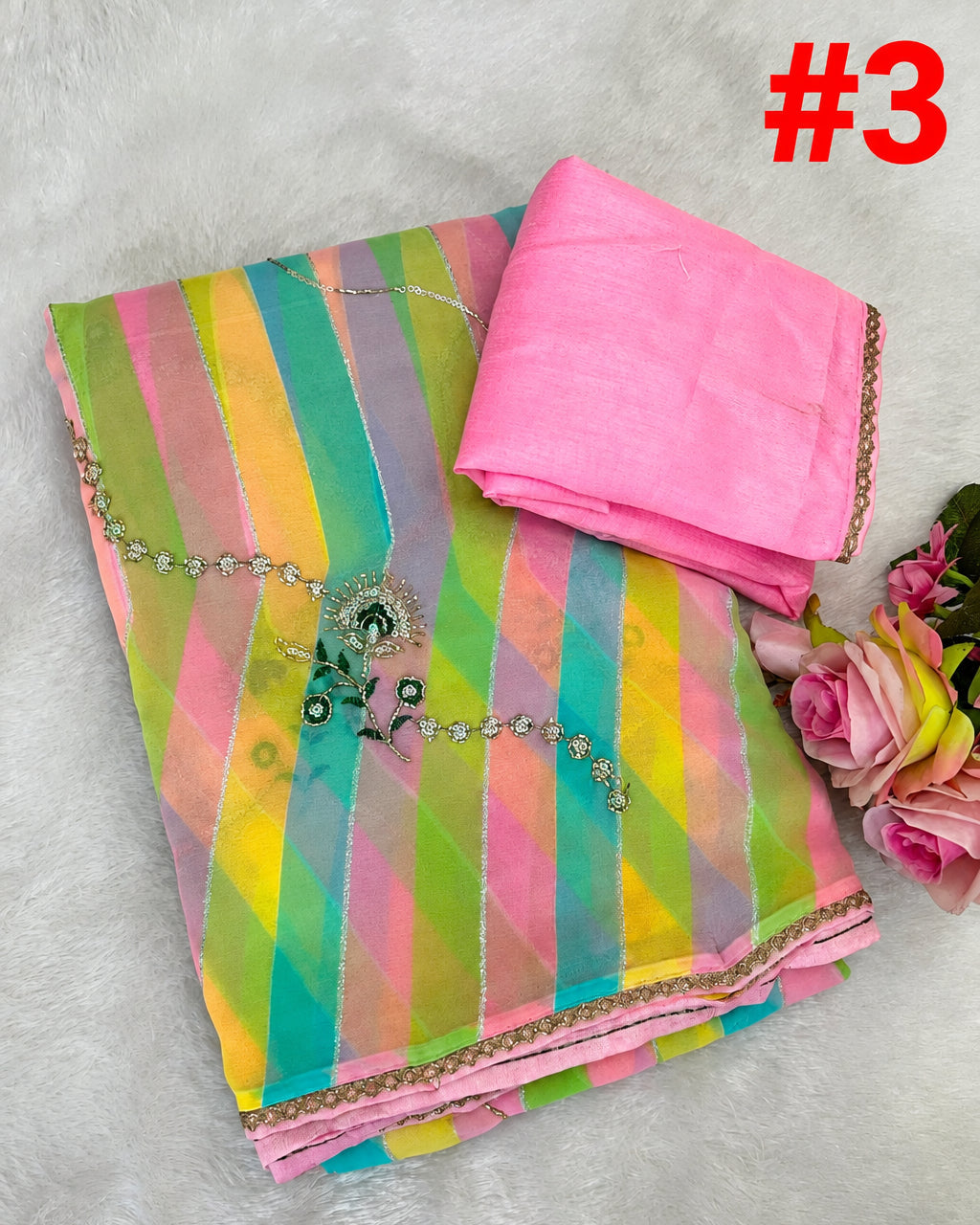 Leheriya Georgette Saree with Handwork &amp; Wall Work