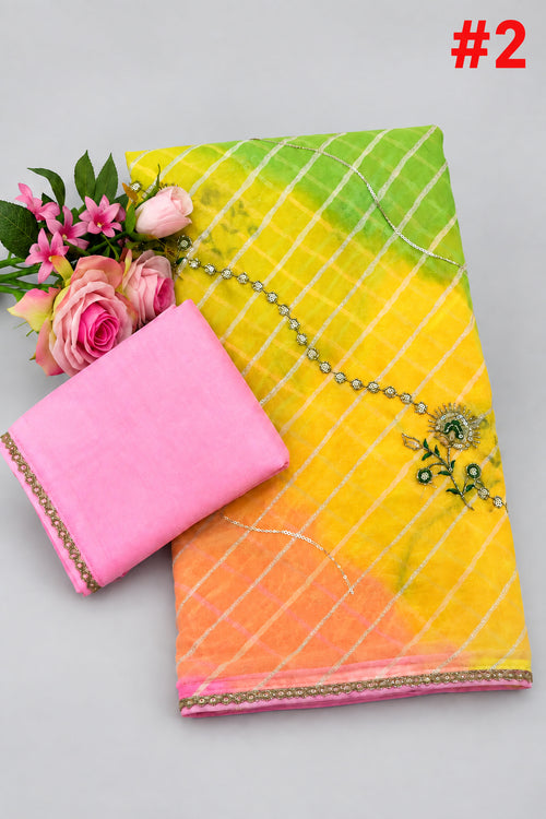 Leheriya Georgette Saree with Handwork &amp; Wall Work