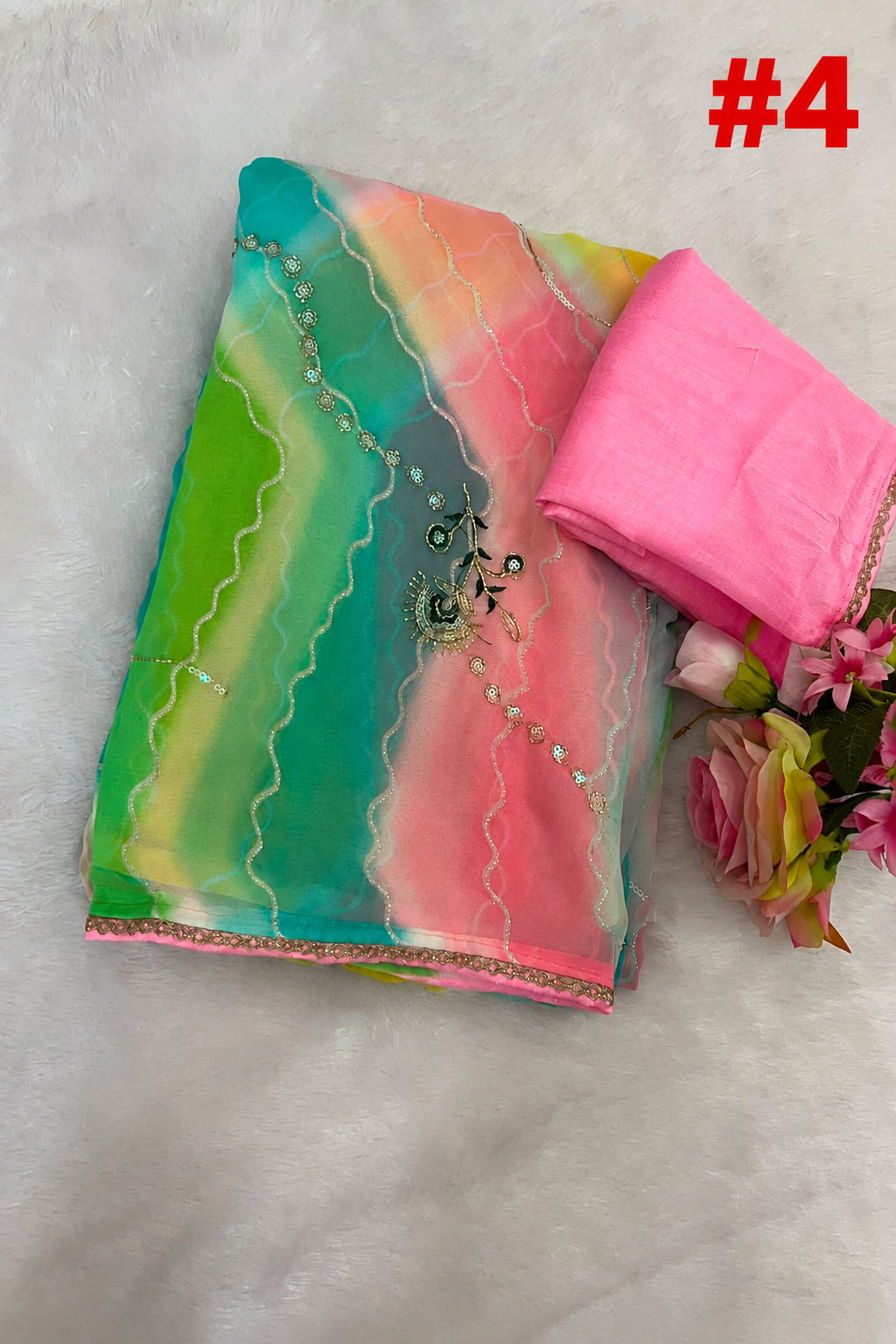 Leheriya Georgette Saree with Handwork &amp; Wall Work